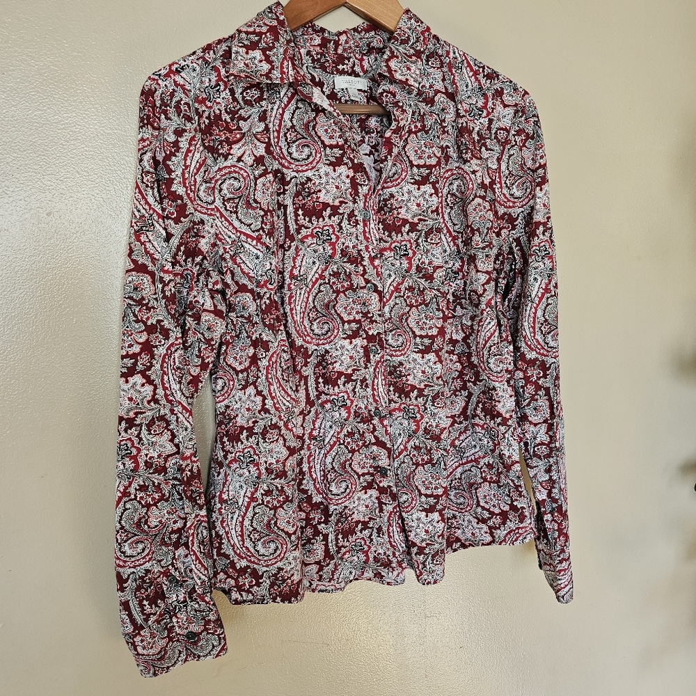 Talbots Burgundy Paisley Popover Blouse Sz 14 Cotton Stretch Scarf Print Office